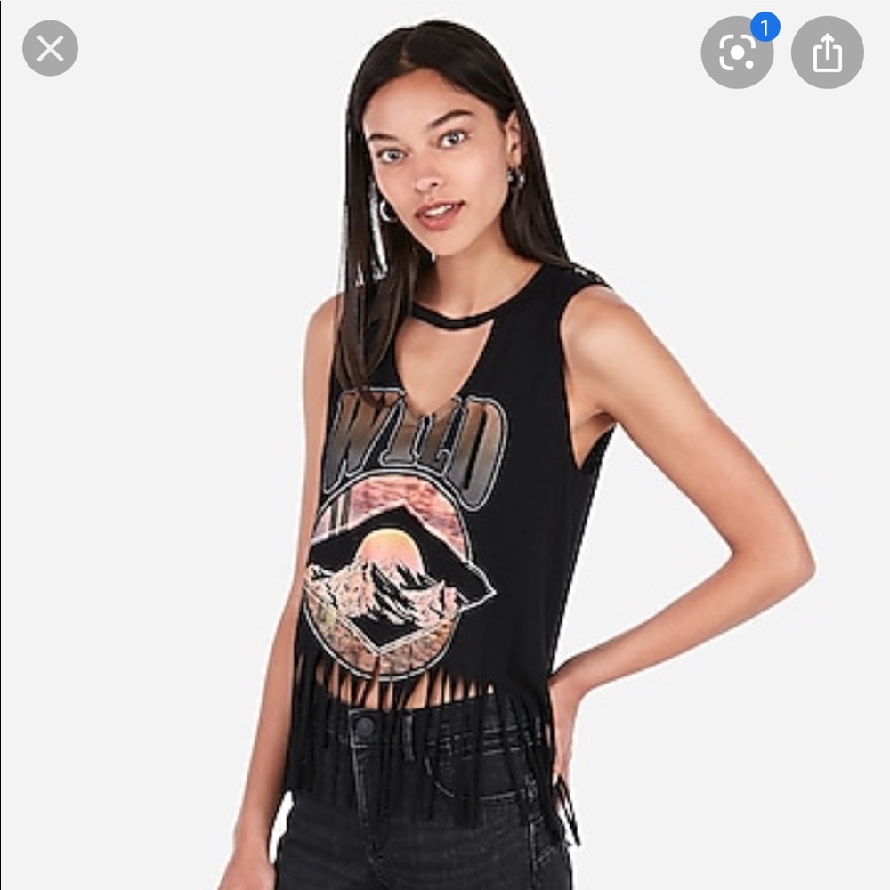 Express one eleven graphic fringe vneck tank top